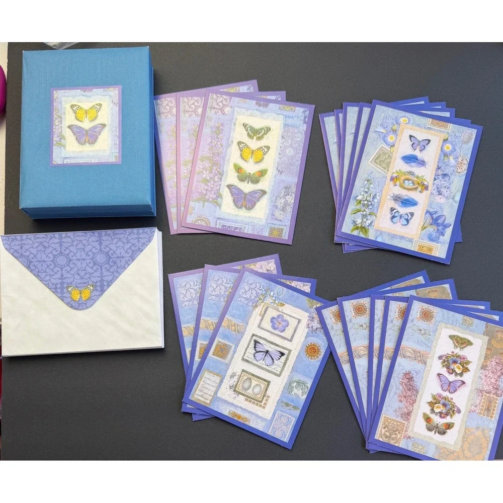 New Seasons Butterfly Note Cards Set 16 Blank Stationery Blue Envelopes Boxed